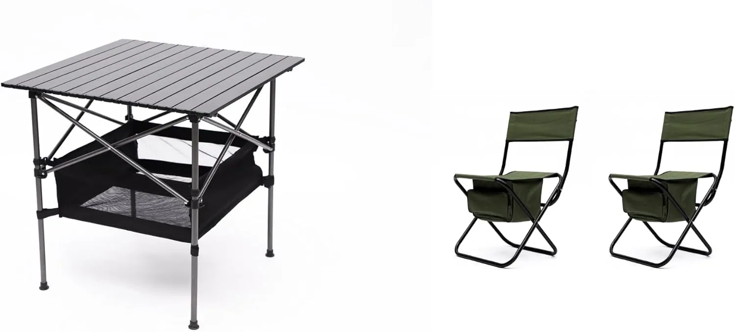 Portable Camping Table and Chairs Set, 3-Piece, Folding Aluminum Table with Storage Shelf and 2 Green Chairs, Black/Green