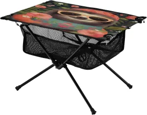 Portable Camping Table Foldable with Mesh Storage Lightweight Compact Camp Tent Side Table for Outside,Camping,Hiking,Tailgating,Sloth
