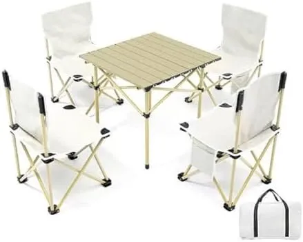 Portable Camping Table, Roll Top with 4 Chairs Iron Folding Lightweight Table Carry Bag for Picnic, Beach, Fishing, Hiking, Fishing,Blue
