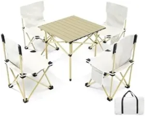 Portable Camping Table, Roll Top with 4 Chairs Iron Folding Lightweight Table Carry Bag for Picnic, Beach, Fishing, Hiking, Fishing,Blue