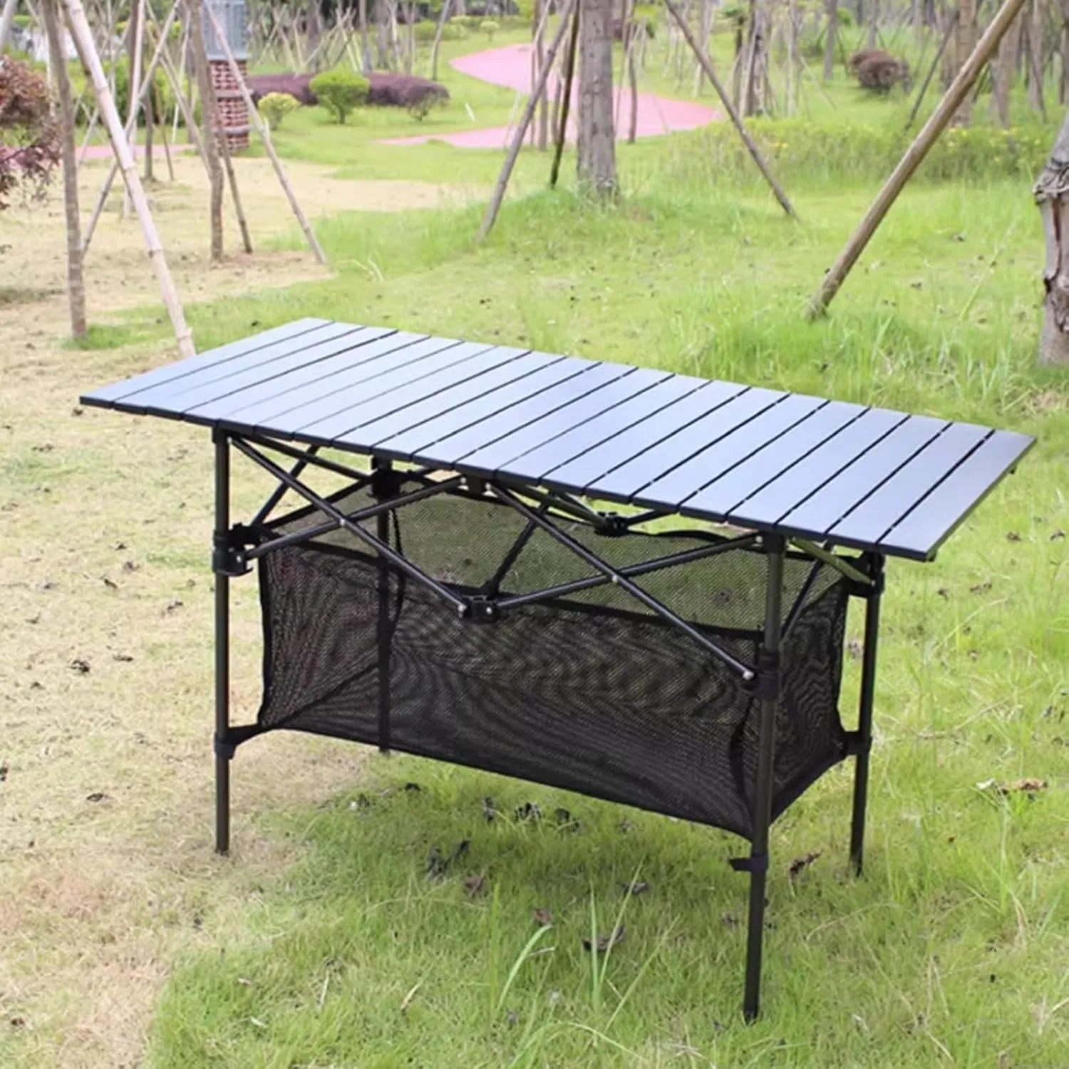 Portable Camping Table with Storage for Outdoor Picnic Use, Foldable Table Small for Eating Adjustable Height, Lightweight Folding Beach Table with Carrying Bag(95CM)