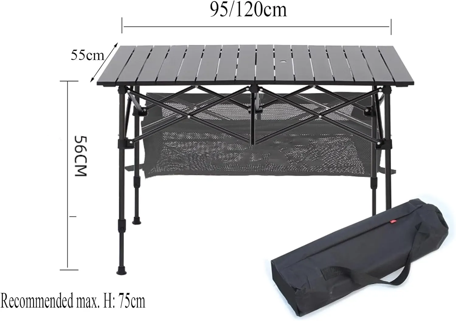 Portable Camping Table with Storage for Outdoor Picnic Use, Foldable Table Small for Eating Adjustable Height, Lightweight Folding Beach Table with Carrying Bag(95CM)