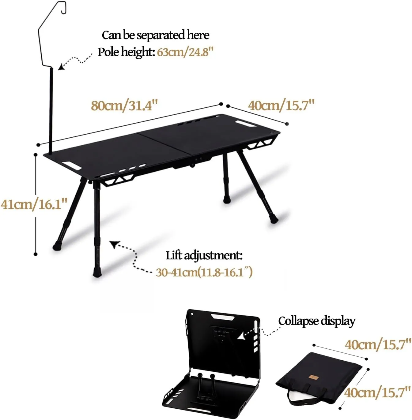 Portable Camping Tables, Folding Table with Hook, Portable Aluminum Table, Adjustable, Camp Table for Sand/Picnic/Fishing/Hiking