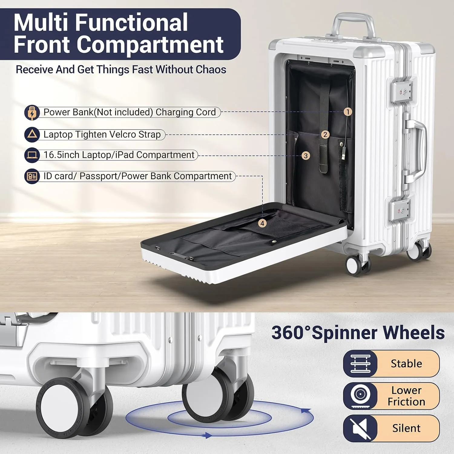 Portable Carry on Luggage Airline Approved, Expandable Luggage with Cup Holder for Trips, Practical Suitcase with Front Pocket ＆ USB Port.(WHITE-01)