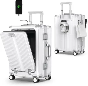 Portable Carry on Luggage Airline Approved, Expandable Luggage with Cup Holder for Trips, Practical Suitcase with Front Pocket ＆ USB Port.(WHITE-01)