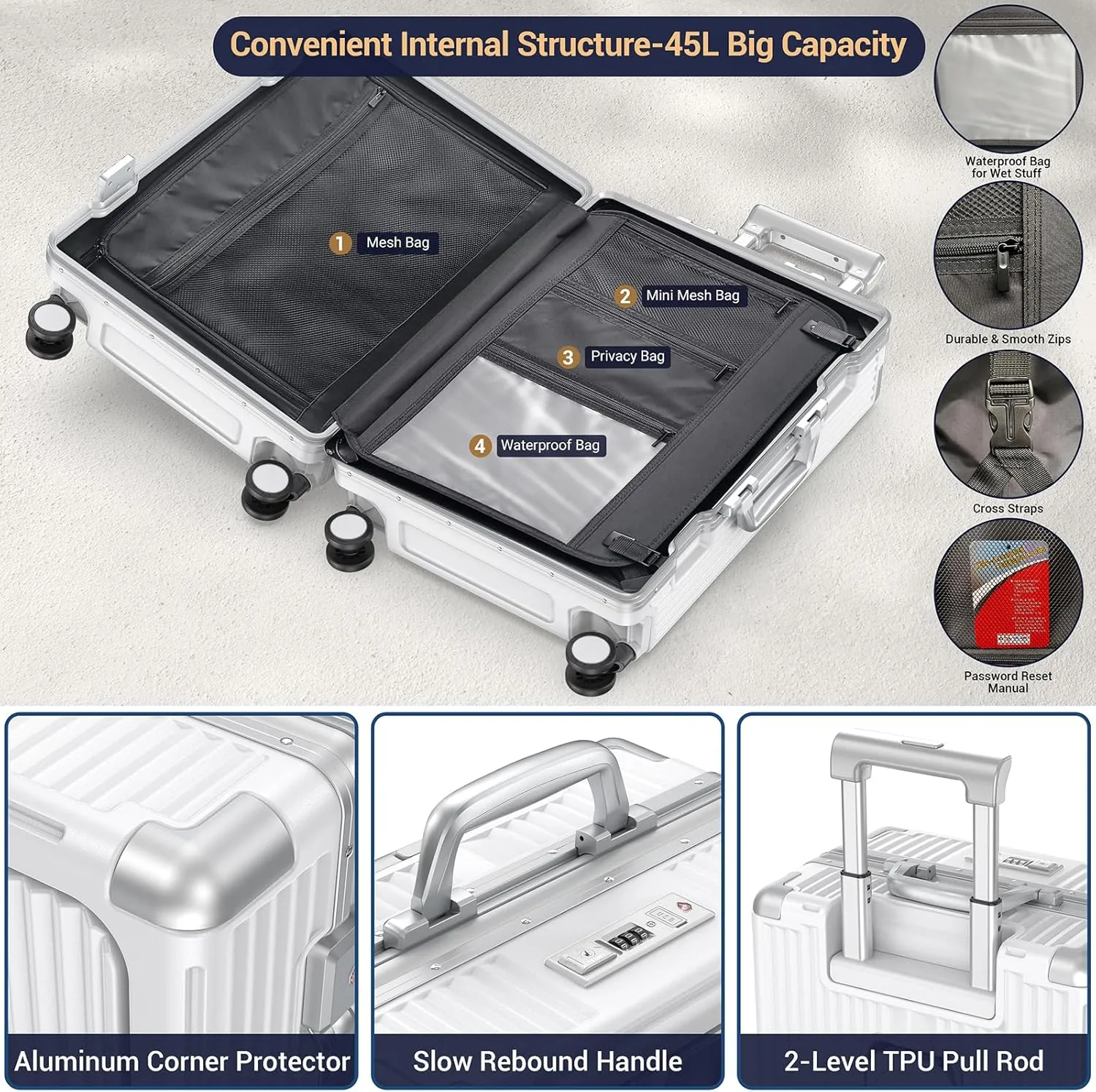 Portable Carry on Luggage Airline Approved, Expandable Luggage with Cup Holder for Trips, Practical Suitcase with Front Pocket ＆ USB Port.(WHITE-01)