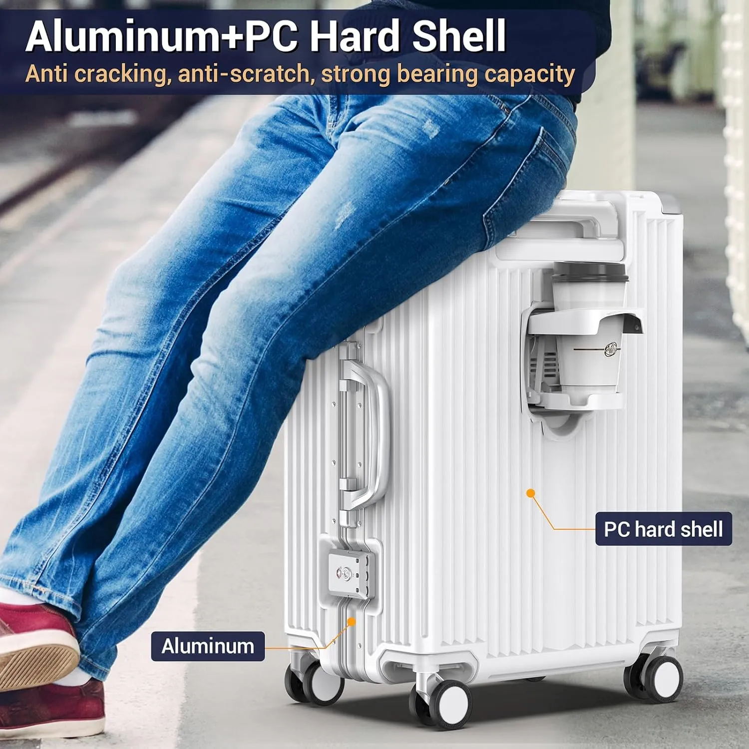 Portable Carry on Luggage Airline Approved, Expandable Luggage with Cup Holder for Trips, Practical Suitcase with Front Pocket ＆ USB Port.(WHITE-01)