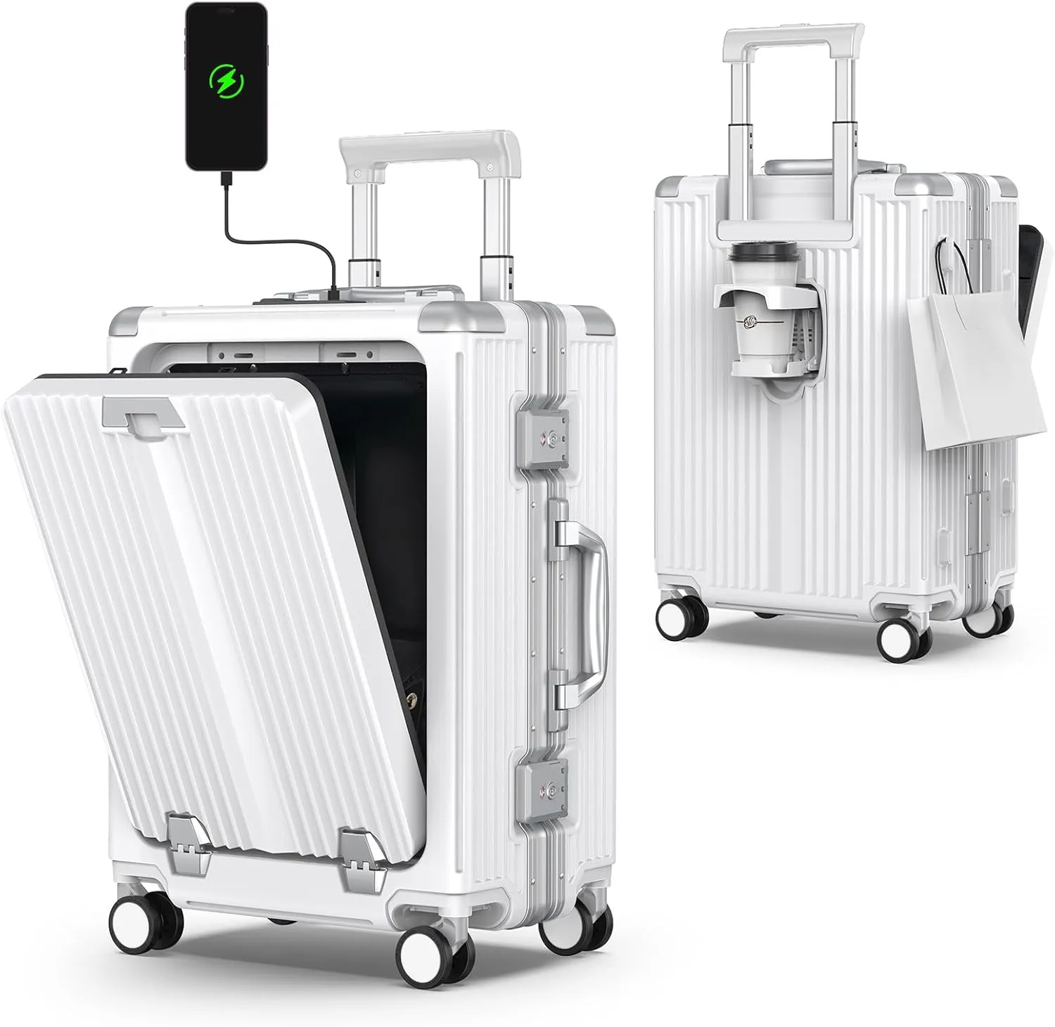 Portable Carry on Luggage Airline Approved, Expandable Luggage with Cup Holder for Trips, Practical Suitcase with Front Pocket ＆ USB Port.(WHITE-01)