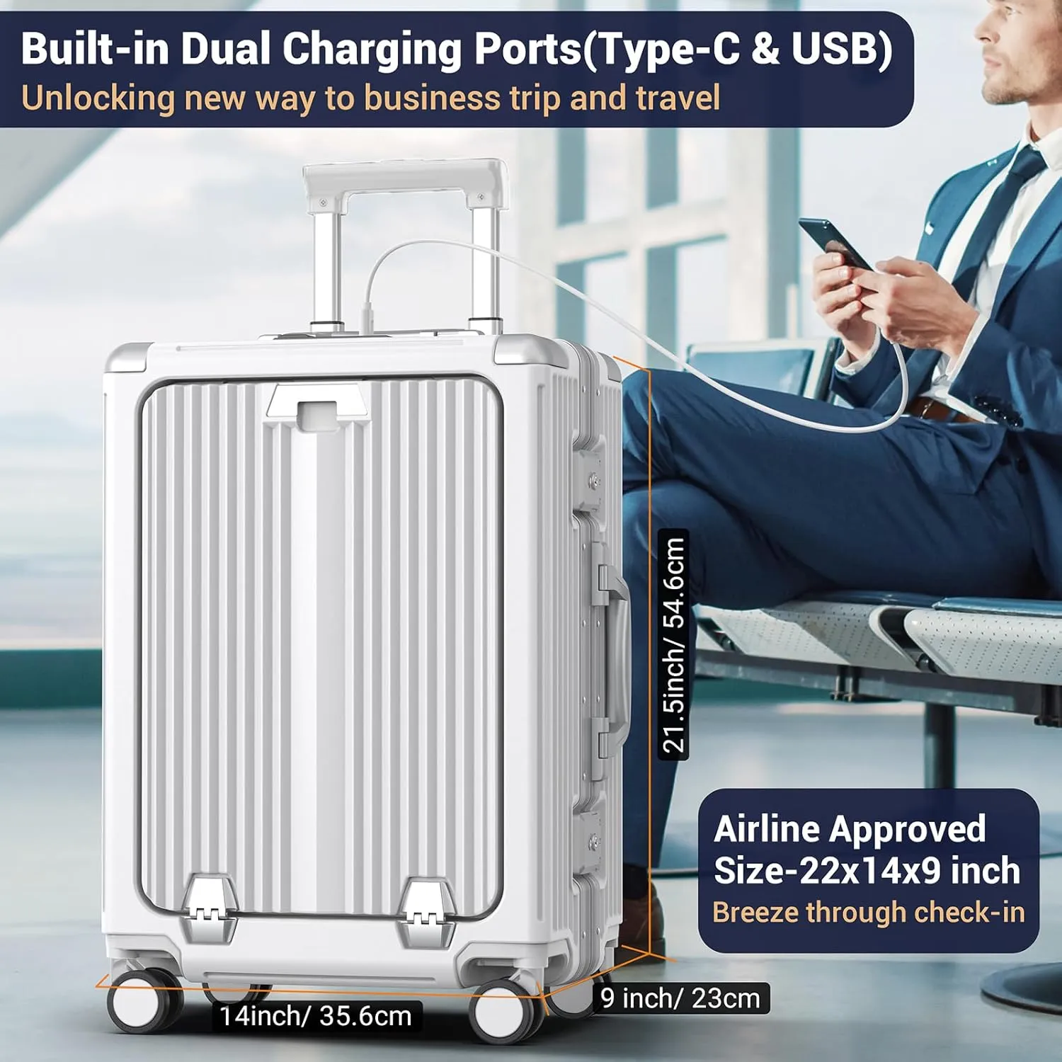 Portable Carry on Luggage Airline Approved, Expandable Luggage with Cup Holder for Trips, Practical Suitcase with Front Pocket ＆ USB Port.(WHITE-01)