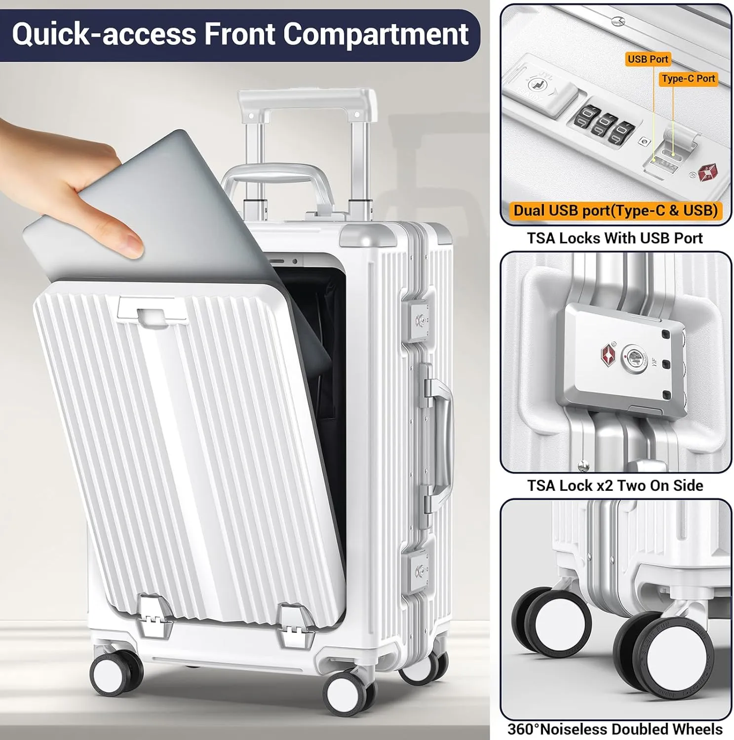 Portable Carry on Luggage Airline Approved, Expandable Luggage with Cup Holder for Trips, Practical Suitcase with Front Pocket ＆ USB Port.(WHITE-01)