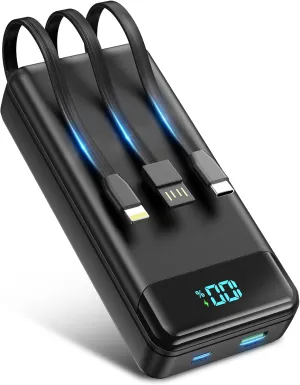 Portable Charger 40000mAh Power Bank Built-in Cable Battery Pack, PD 22.5W Fast Charging Portable Phone Charger 4 Output 3 Input, Compatible with iPhone 16 15 14 13 Samsung Google iPad Outdoor
