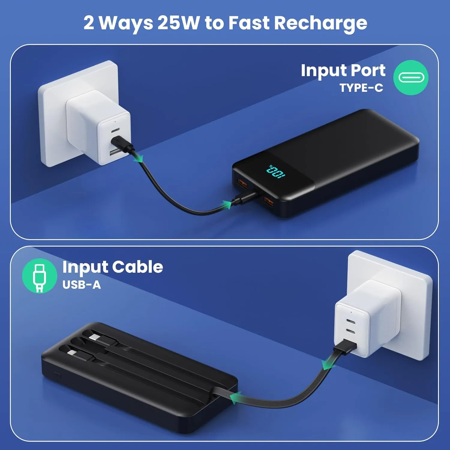 Portable Charger 40800mAh Power Bank with 3 Built-in Cable,25W PD USB C in&Out Power Bank Fast Phone Charging,QC4.0 LED Display Portable Battery Pack Compatible with iPhone 16/15,Samsung Android-Black