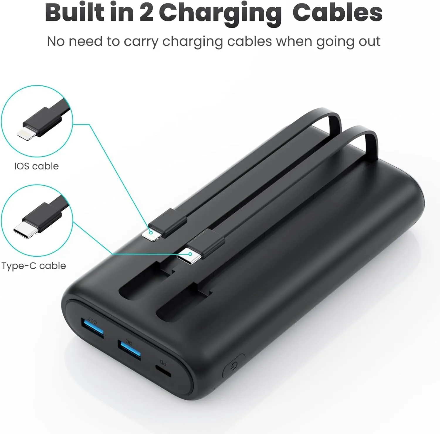 Portable Charger 40800mAh Power Bank with Built-in Cables,25W PD USB C Fast Charging Battery Pack,5 Outputs Dual Input Backup Charger Compatible with iPhone 16/15/14/13,Samsung S23 Android Phone etc