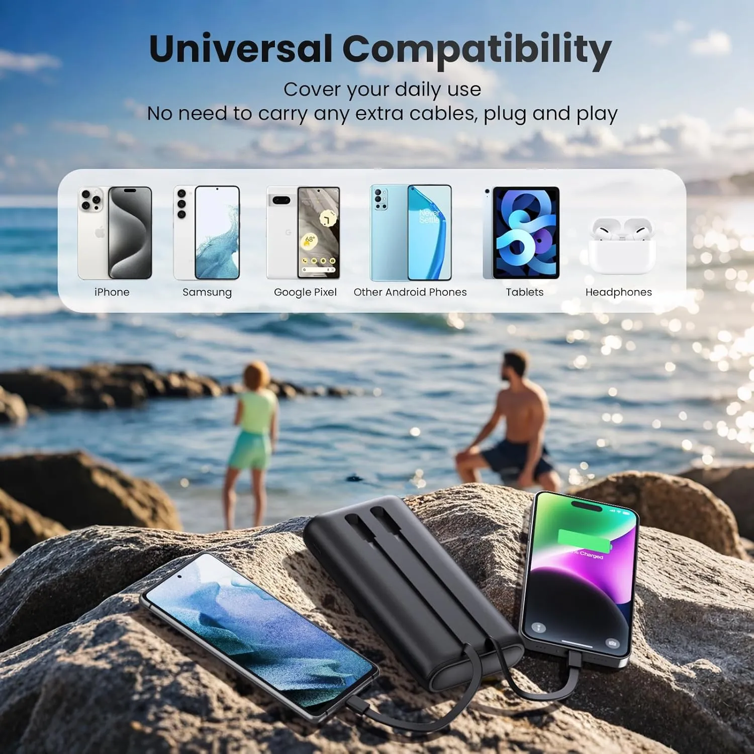 Portable Charger 40800mAh Power Bank with Built-in Cables,25W PD USB C Fast Charging Battery Pack,5 Outputs Dual Input Backup Charger Compatible with iPhone 16/15/14/13,Samsung S23 Android Phone etc