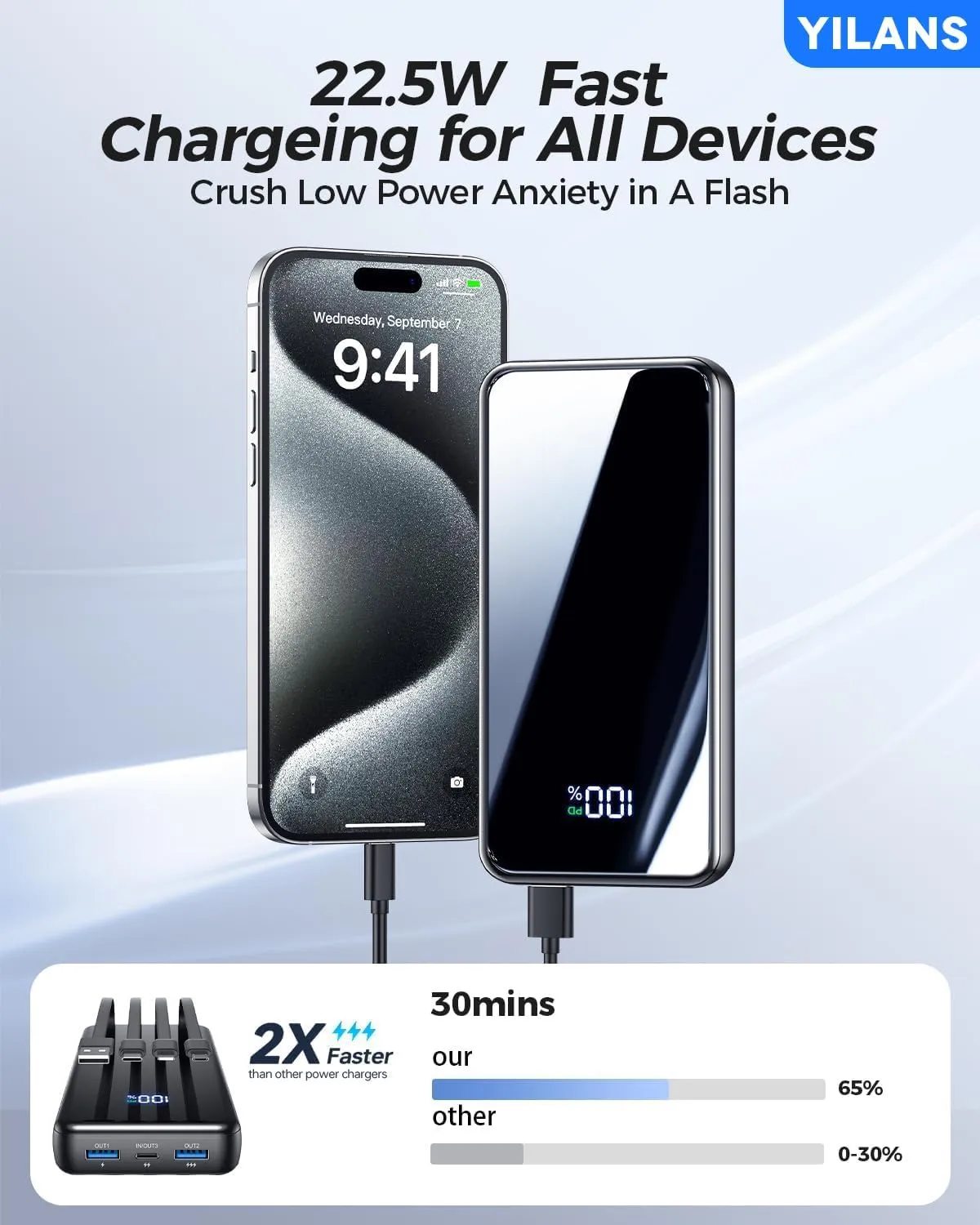 Portable Charger, 42800mAh Power Bank Built-in Cable, 22.5W PD USB C In & Out Fast Charging, External Battery Pack with 6 Output & 2 Input, Travel Phone Charger for iPhone 16/15/14/13/12, Android