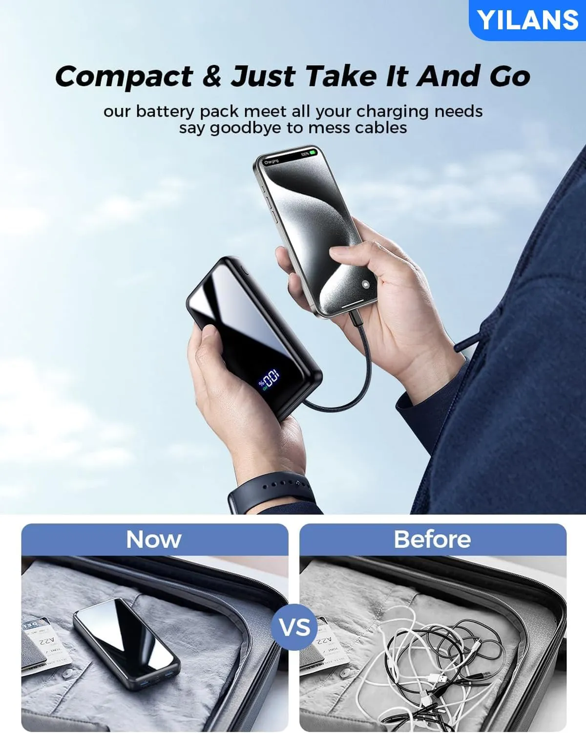 Portable Charger, 42800mAh Power Bank Built-in Cable, 22.5W PD USB C In & Out Fast Charging, External Battery Pack with 6 Output & 2 Input, Travel Phone Charger for iPhone 16/15/14/13/12, Android