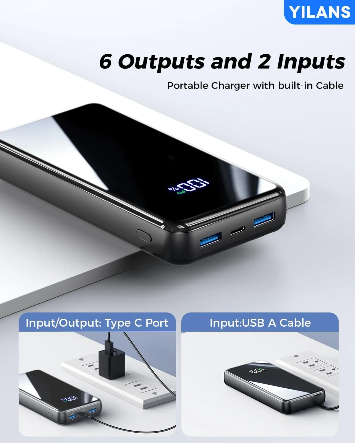 Portable Charger, 42800mAh Power Bank Built-in Cable, 22.5W PD USB C In & Out Fast Charging, External Battery Pack with 6 Output & 2 Input, Travel Phone Charger for iPhone 16/15/14/13/12, Android