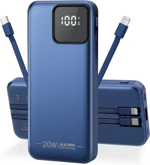 Portable Charger Built-in Cables for iPhone Samsung iPad Android Phone, 20000mAh Power Bank Fast Charging, Smart LED Display Battery Pack 2-Port Output Traveling- Dark Blue