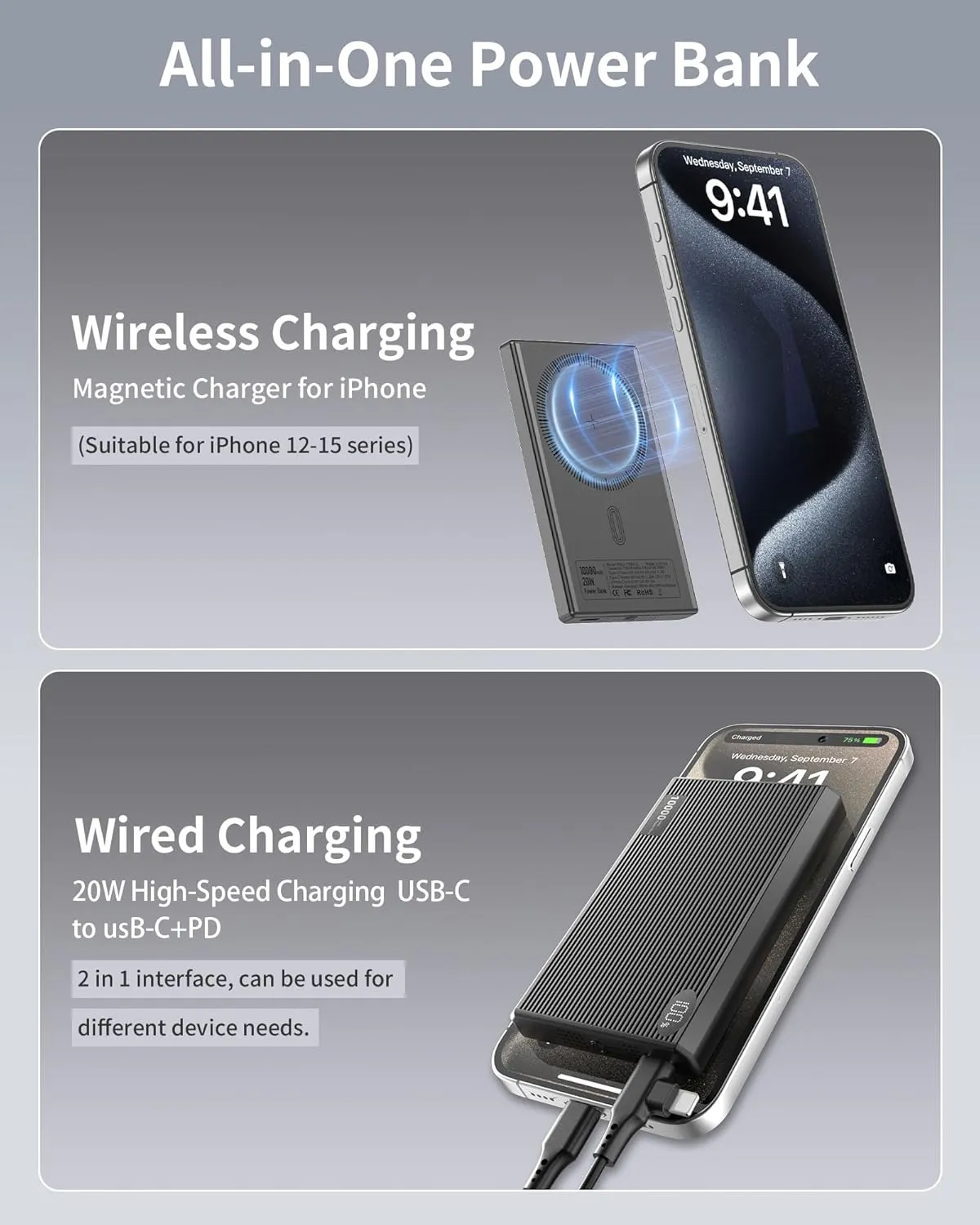 Portable Charger Power Bank, 10000mAh Wireless Charger iPhone with USB C to 20 W PD Fast Charging Cable, Mag-Safe Battery Pack Magnetic Charger for iPhone 16/15/14/13/12 Pro/Pro Max/Plus, iPad