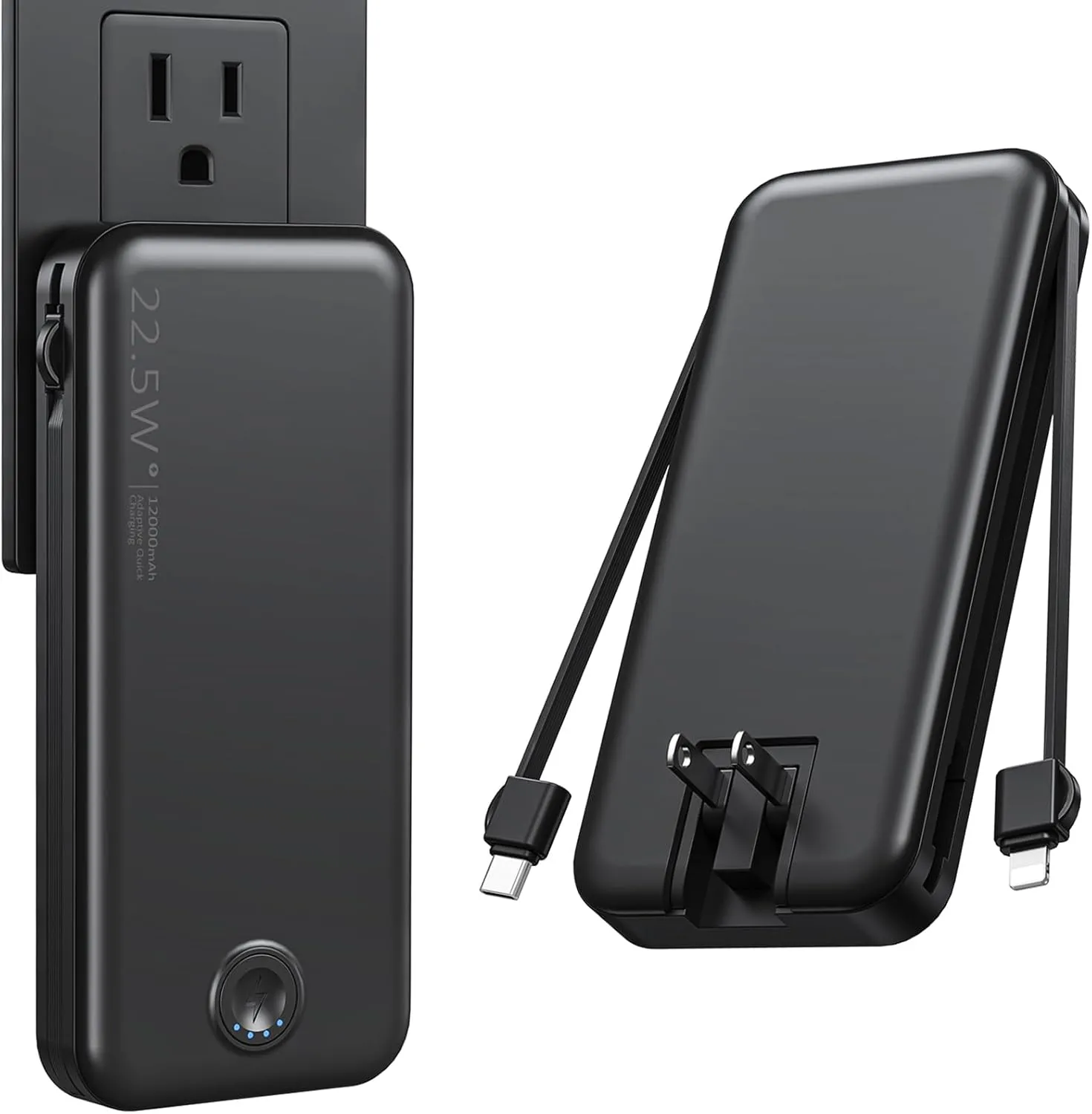 Portable Charger with Built in Cable and AC Wall Plug, USB C Power Bank 12000mAh 22.5W Super Fast Charging, Lightweight Portable Phone Charger Travel Battery Pack for iPhone, Samsung, Tablets