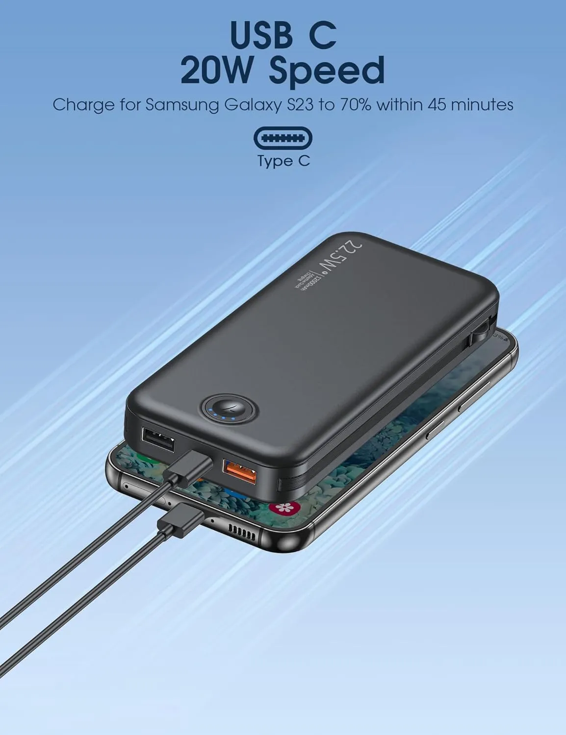 Portable Charger with Built in Cable and AC Wall Plug, USB C Power Bank 12000mAh 22.5W Super Fast Charging, Lightweight Portable Phone Charger Travel Battery Pack for iPhone, Samsung, Tablets