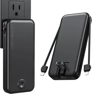 Portable Charger with Built in Cable and AC Wall Plug, USB C Power Bank 12000mAh 22.5W Super Fast Charging, Lightweight Portable Phone Charger Travel Battery Pack for iPhone, Samsung, Tablets