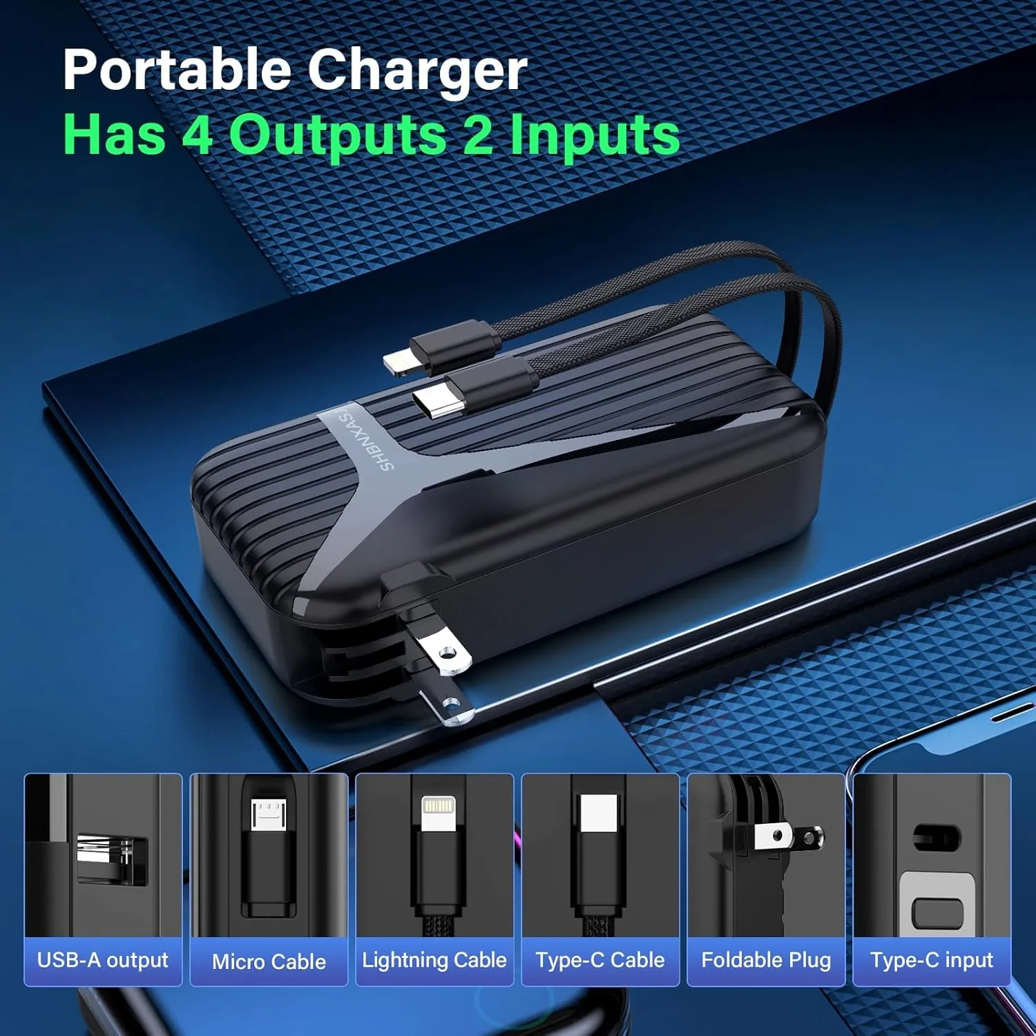 Portable Charger with Built in Cable and AC Wall Plug,10000 mAh External Battery Power Bank, LED Display 4 Outputs 2 Inputs, Travel Phone Charger Battery Pack for iPhone 16 15 14 13 Samsung iPad