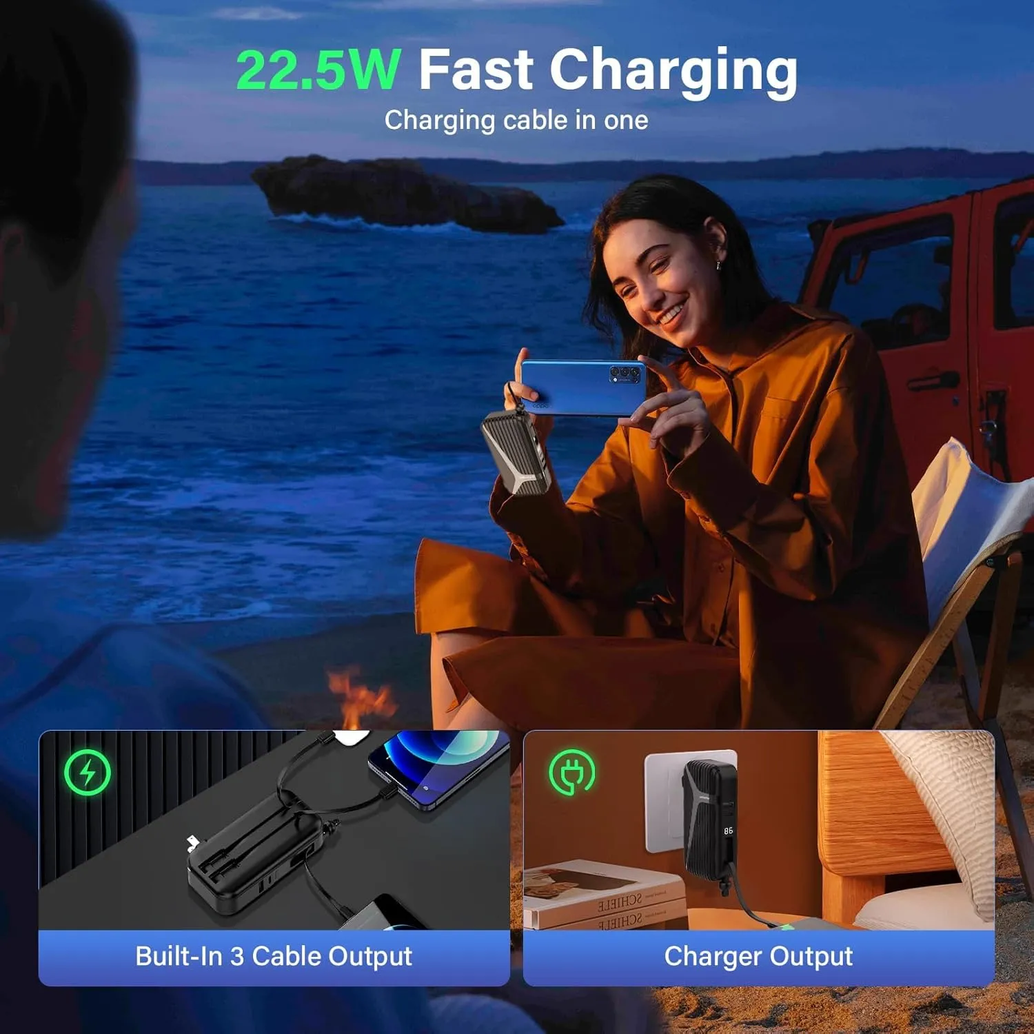 Portable Charger with Built in Cable and AC Wall Plug,10000 mAh External Battery Power Bank, LED Display 4 Outputs 2 Inputs, Travel Phone Charger Battery Pack for iPhone 16 15 14 13 Samsung iPad