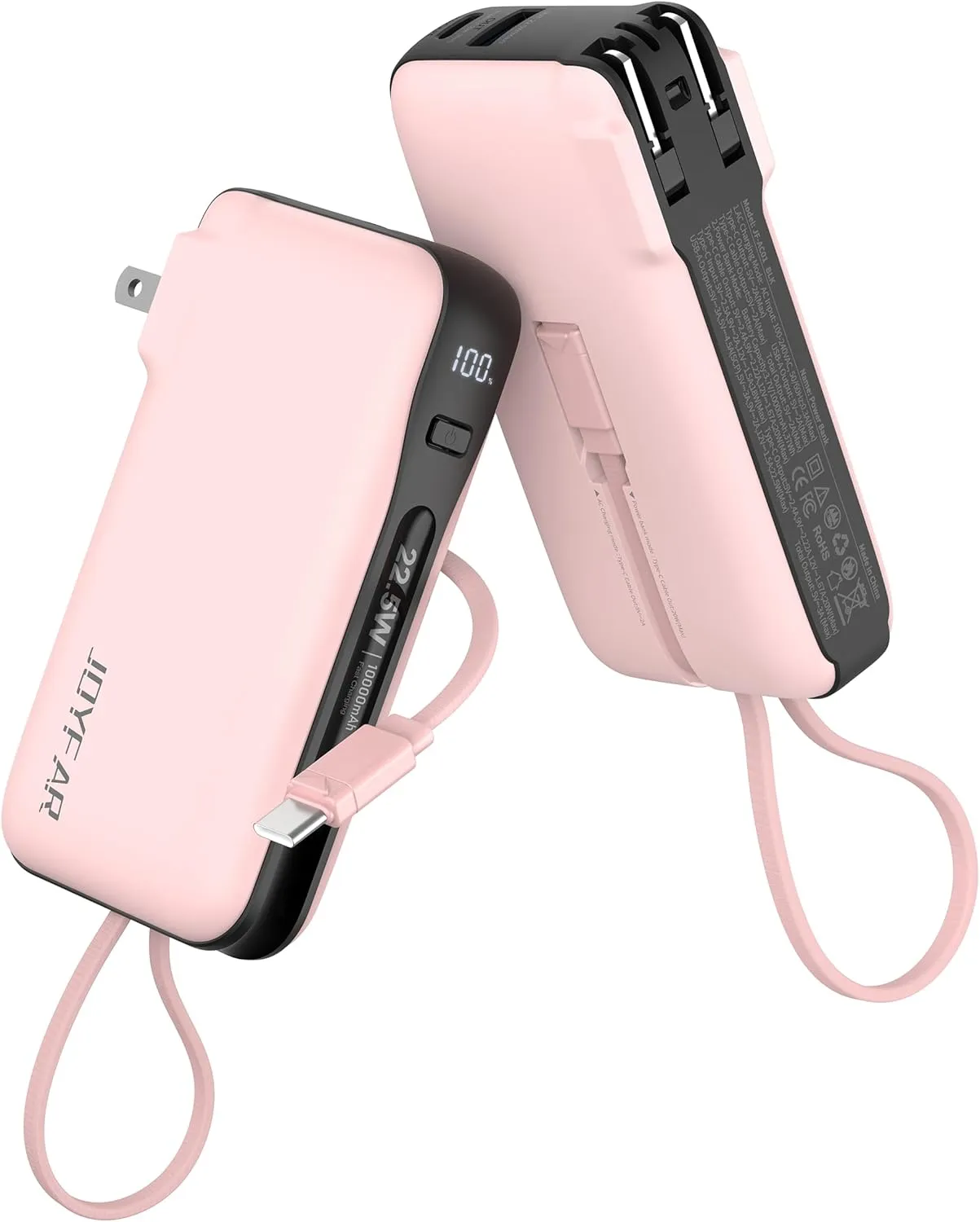 Portable Charger with Built-in USB-C Cable & Plug, 10,000mAh 5V/4.5A Power Bank Fast Charging 22.5W, Travel Essential Battery Pack 3 Output for iPhone 16/15 Series, Samsung Galaxy, iPad, 1 Pack
