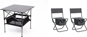 Portable Folding Outdoor Table and Chairs Set, 27.5 inch Square Table with Storage Shelf, 2 Camping Chairs with Bags, Black
