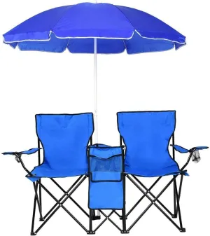 Portable Folding Picnic Double Chair W/Umbrella Table Cooler Beach Camping Chair, Blue - Fishing Travel Outdoor