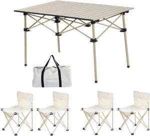 Portable Folding Picnic Table Chair Set, Lightweight Camp with Aluminum Roll-up Top, 600D Oxford Cloth Chairs, Easy Set Up