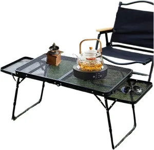 Portable Outdoor Camping Table with Lifting Shelf - Iron Mesh Folding Aluminium Alloy Dining Table(A with Bag)