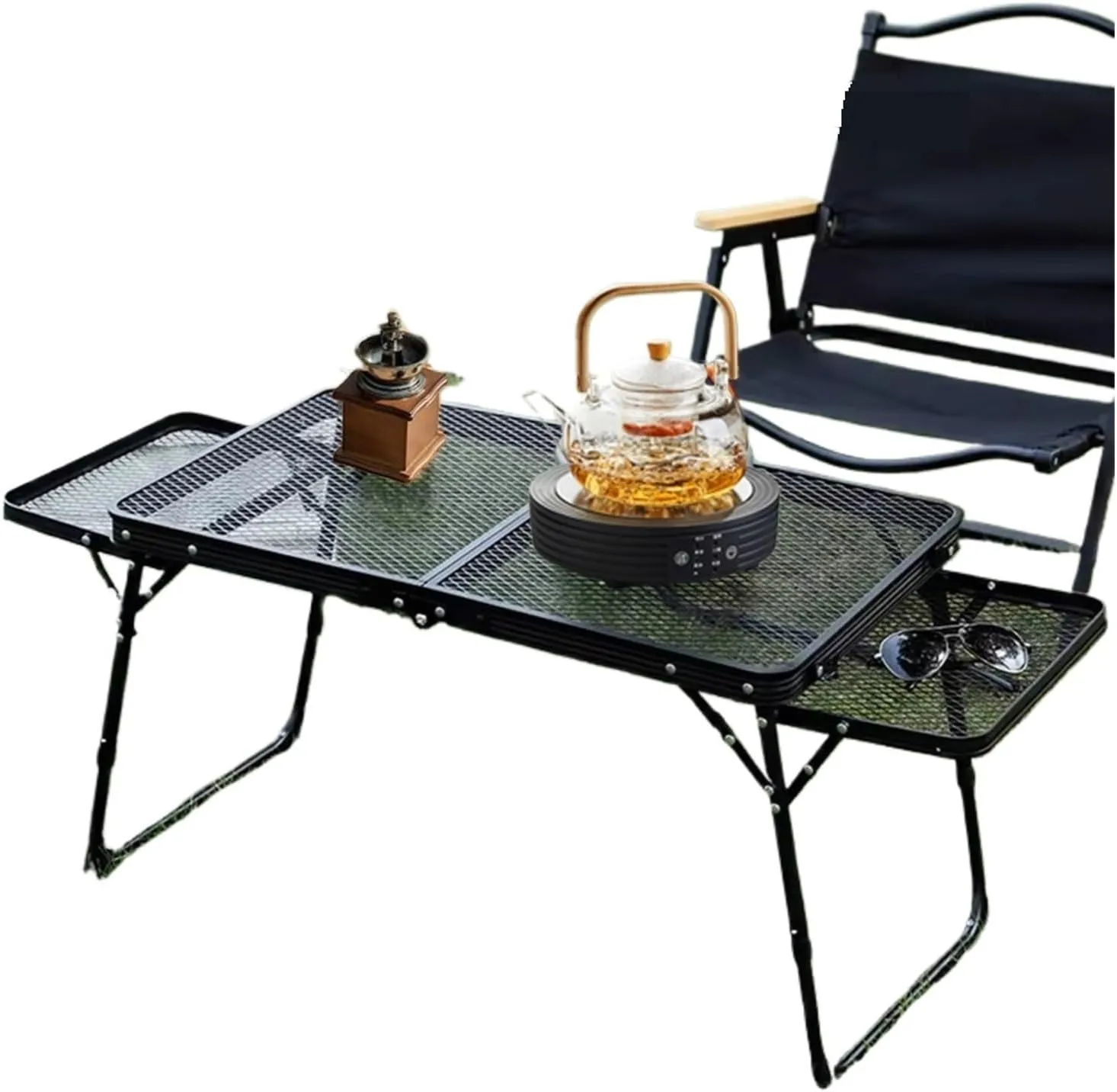 Portable Outdoor Camping Table with Lifting Shelf - Iron Mesh Folding Aluminium Alloy Dining Table(A with Bag)