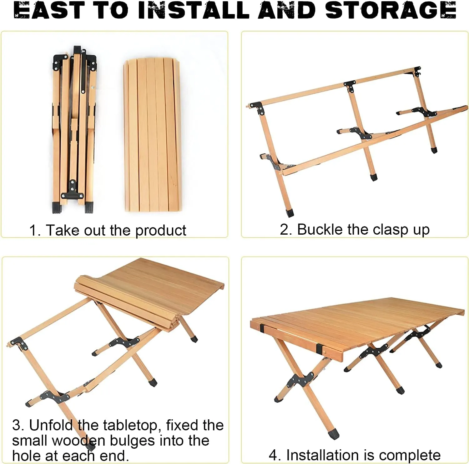 Portable Picnic Table, Folding Camping Table Picnic Table with Carry Bag, Wooden Picnic Table Foldable, Adjustable Height Roll Up Folding Wooden Table Indoor Outdoor Camping, BBQ