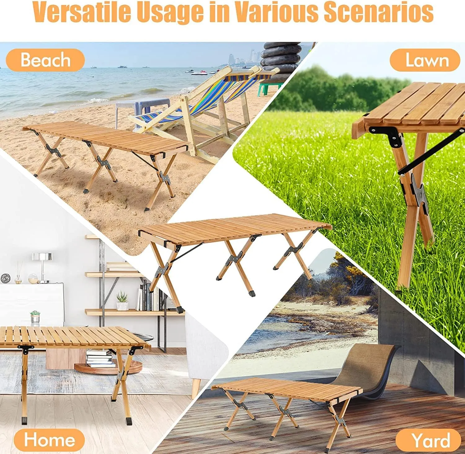 Portable Picnic Table, Folding Camping Table Picnic Table with Carry Bag, Wooden Picnic Table Foldable, Adjustable Height Roll Up Folding Wooden Table Indoor Outdoor Camping, BBQ