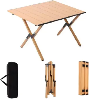 Portable Picnic Table, Folding Camping Table Picnic Table with Carry Bag, Wooden Picnic Table Foldable, Adjustable Height Roll Up Folding Wooden Table Indoor Outdoor Camping, BBQ