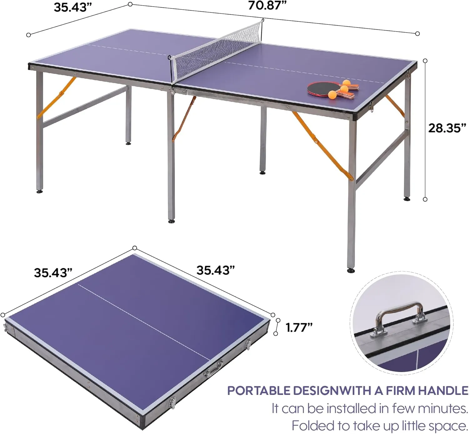 Portable Ping Pong Table, Mid-Size Foldable Table Tennis Table w/Net, 2 Paddles, 3 Balls, Table Tennis Table for Indoor Outdoor, Ping Pong Tablefor Kids Family Holiday Sports