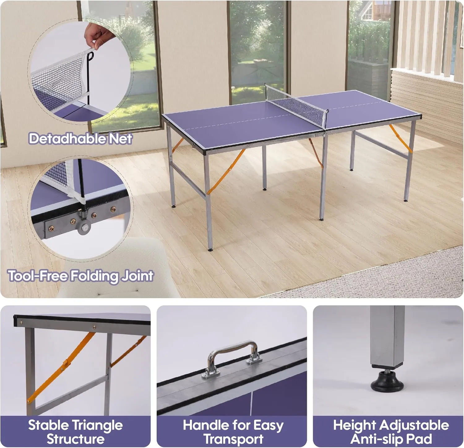 Portable Ping Pong Table, Mid-Size Foldable Table Tennis Table w/Net, 2 Paddles, 3 Balls, Table Tennis Table for Indoor Outdoor, Ping Pong Tablefor Kids Family Holiday Sports