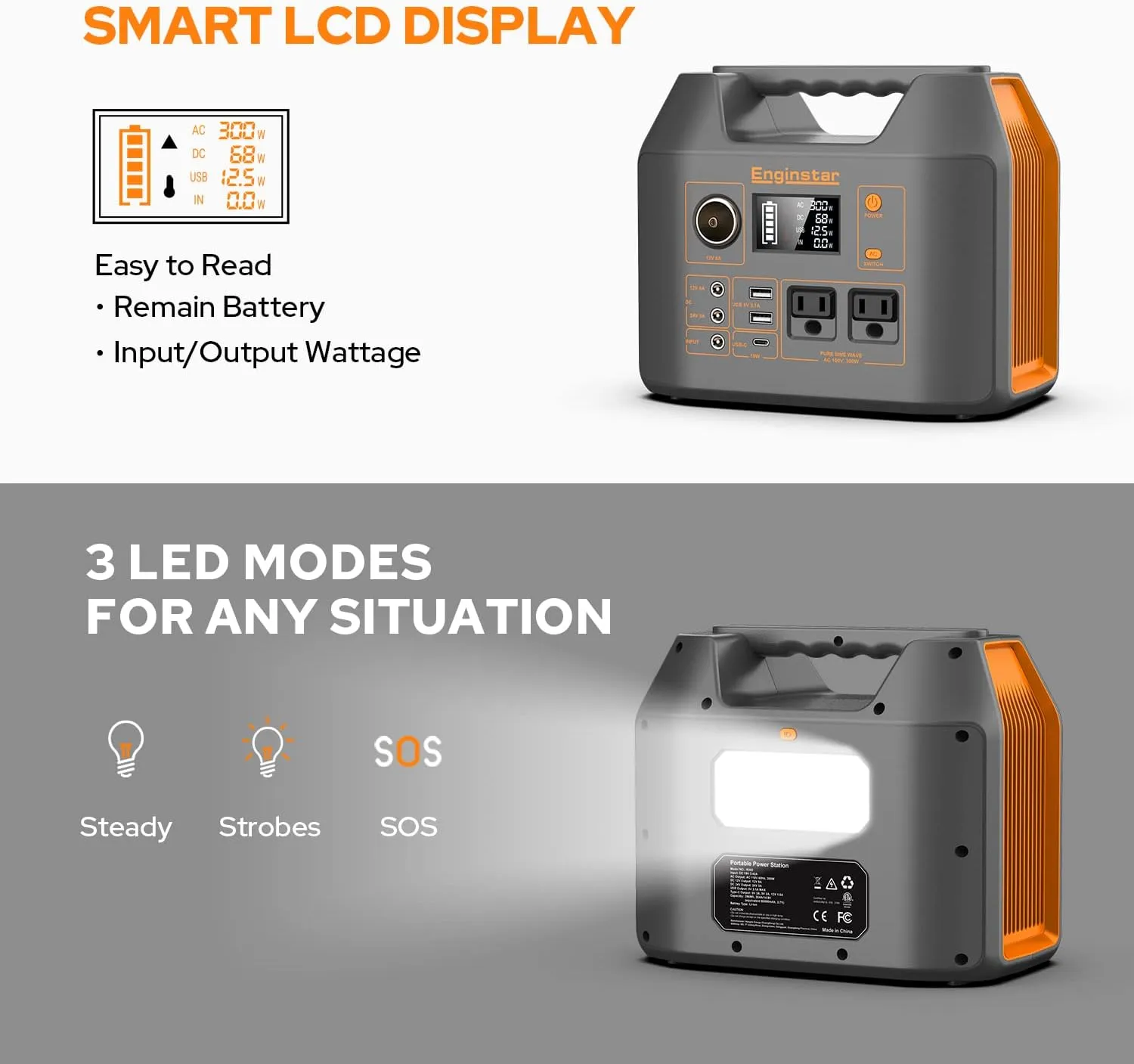Portable Power Station EnginStar 300W Solar Generator 110V 296Wh Power Bank Two Pure Sine Wave AC Outlet 80000mAh Lithium Battery Pack for Camping Outdoors Trip RV Hunting Vans Emergency Backup