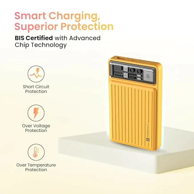 Portronics Luxcell Mini 10K PowerBank – Fast Charging 22.5W, Ultra-Slim & Portable (Yellow)