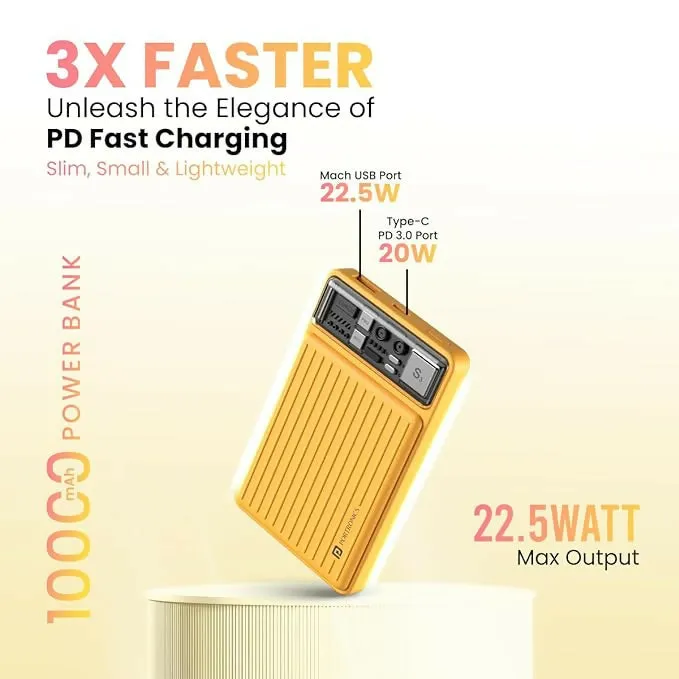 Portronics Luxcell Mini 10K PowerBank – Fast Charging 22.5W, Ultra-Slim & Portable (Yellow)