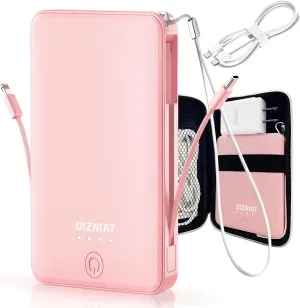 Power Bank Portable Charger 10000mAh, Ultra Slim PD 22.5W Fast Charging with Built in USB C and ‌Lightning Cable, 4 Outputs Power Bank for iPhone 11/12/13/14/15/16 Android Samsung - Pink