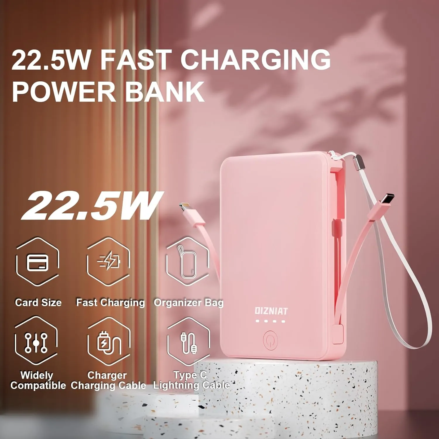 Power Bank Portable Charger 10000mAh, Ultra Slim PD 22.5W Fast Charging with Built in USB C and ‌Lightning Cable, 4 Outputs Power Bank for iPhone 11/12/13/14/15/16 Android Samsung - Pink