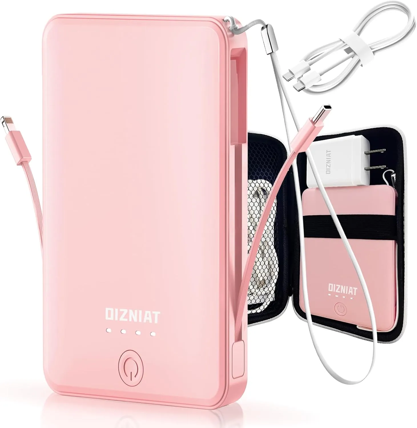 Power Bank Portable Charger 10000mAh, Ultra Slim PD 22.5W Fast Charging with Built in USB C and ‌Lightning Cable, 4 Outputs Power Bank for iPhone 11/12/13/14/15/16 Android Samsung - Pink