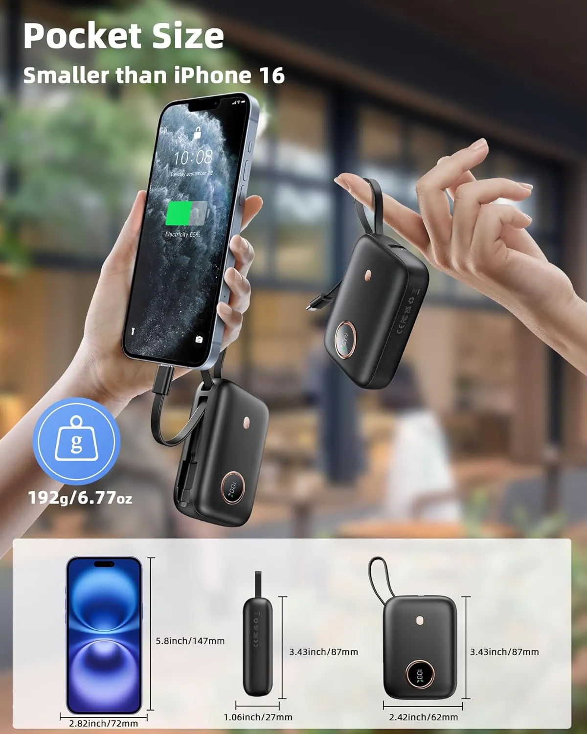 Power Bank, Small 22.5W 10000mAh Portable Charger with Built-in USB-C Cable, Fast Charging Mini Battery Pack Travel EssentialsA, for iPhone 16/15/14 Series, Samsung, Google
