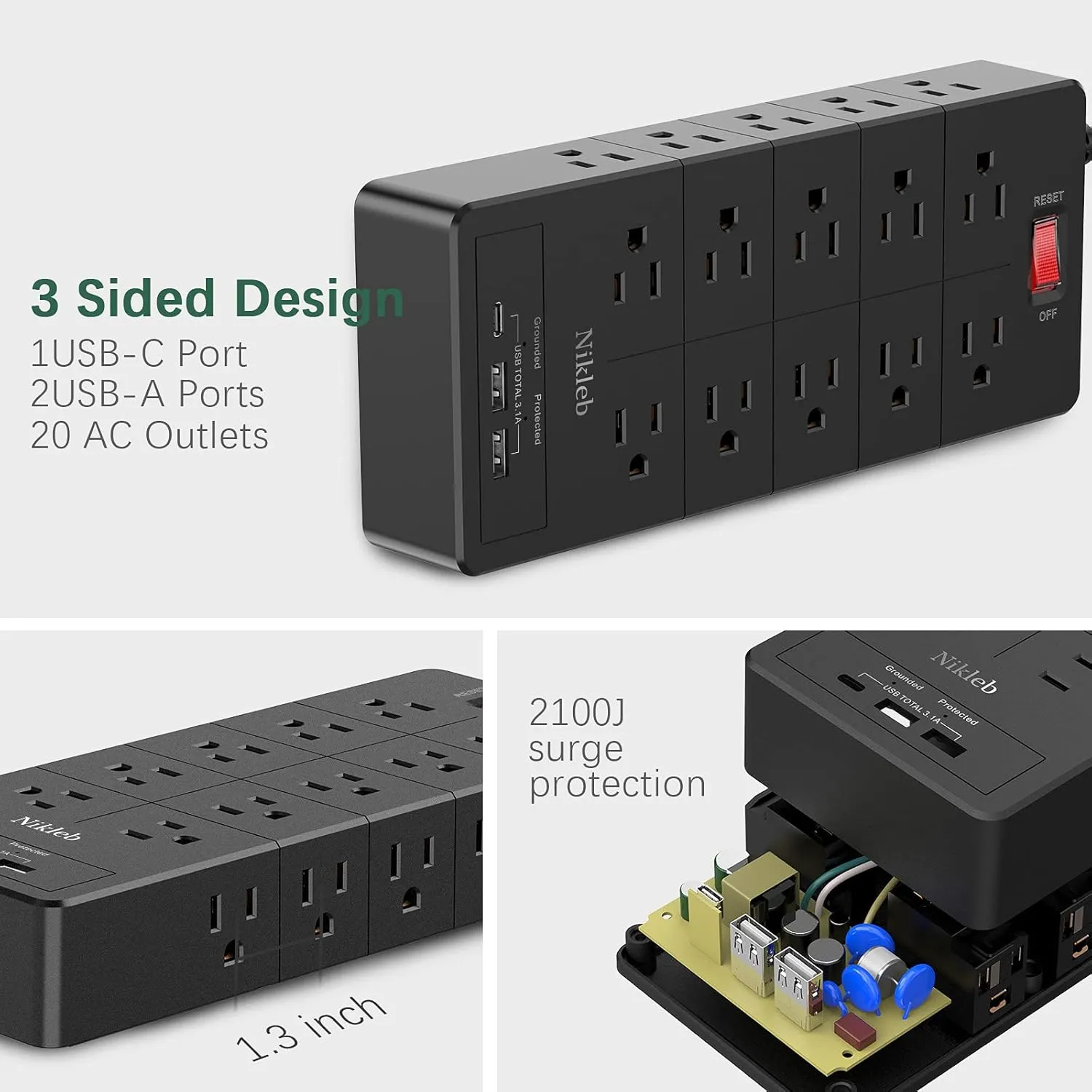 Power Strip 23 in 1, 20 Outlets Surge Protector Wall Mount with 2 USB 1 USB C Ports, Multi Plug Extension Cord 6ft Heavy Duty, Accessories for Gaming, Studio, Home, Office, Desk Organizers
