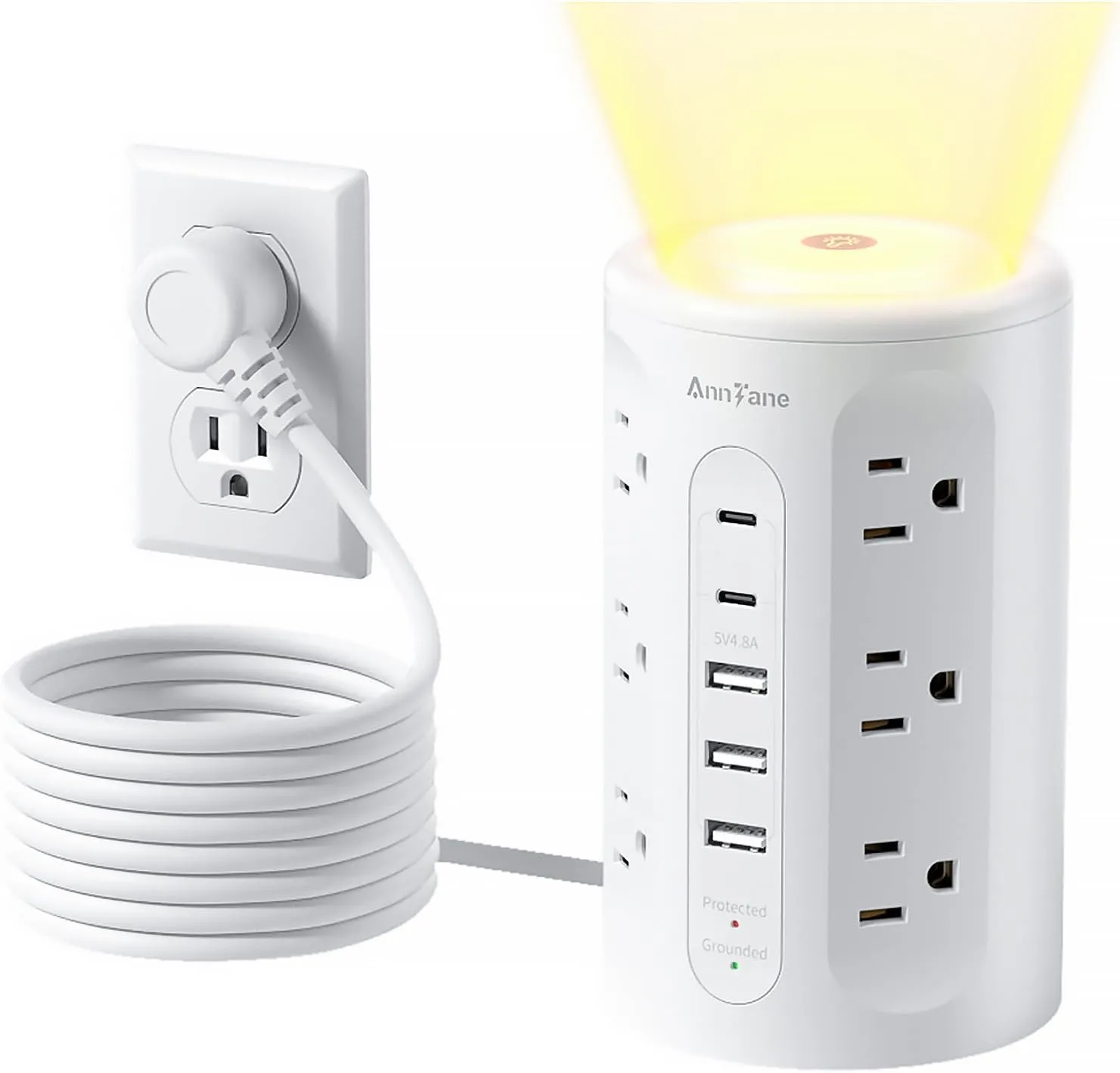 Power Strip Tower with Night Light, Surge Protector Power Strip with USB Ports, 10 FT Extension Cord with Multiple Outlets (12AC 3A 2C) for Home Office Desk DormRoom (White)