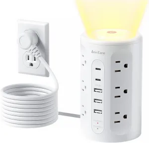 Power Strip Tower with Night Light, Surge Protector Power Strip with USB Ports, 10 FT Extension Cord with Multiple Outlets (12AC 3A 2C) for Home Office Desk DormRoom (White)