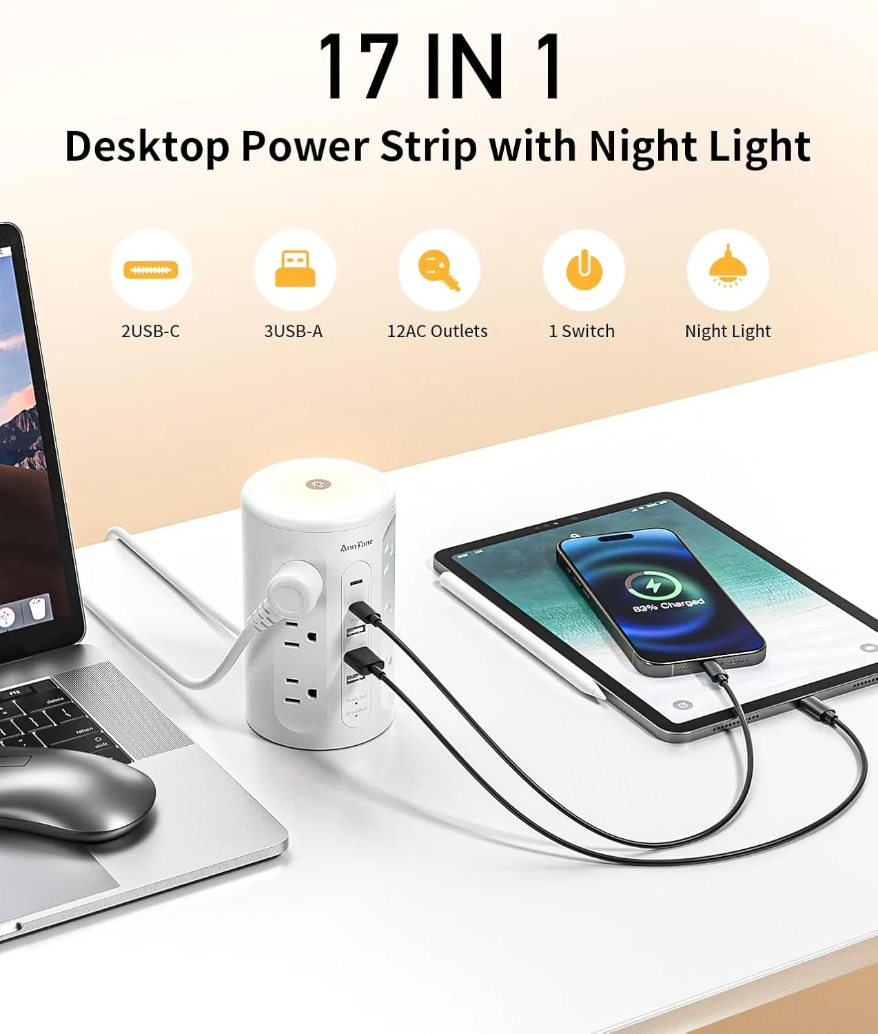 Power Strip Tower with Night Light, Surge Protector Power Strip with USB Ports, 10 FT Extension Cord with Multiple Outlets (12AC 3A 2C) for Home Office Desk DormRoom (White)